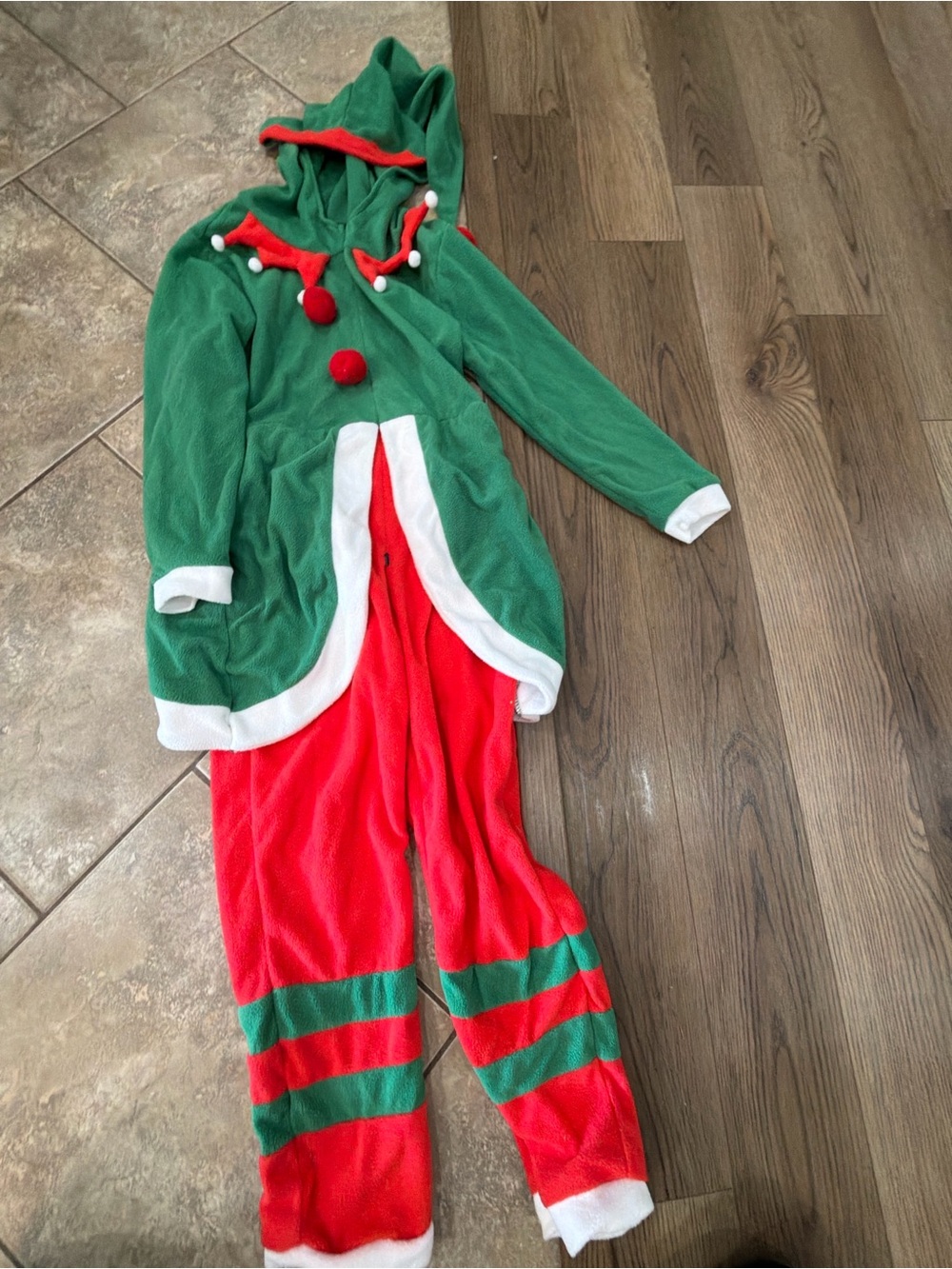 Festive Kids Elf Onesie Costume - Green & Red Hooded Jumpsuit